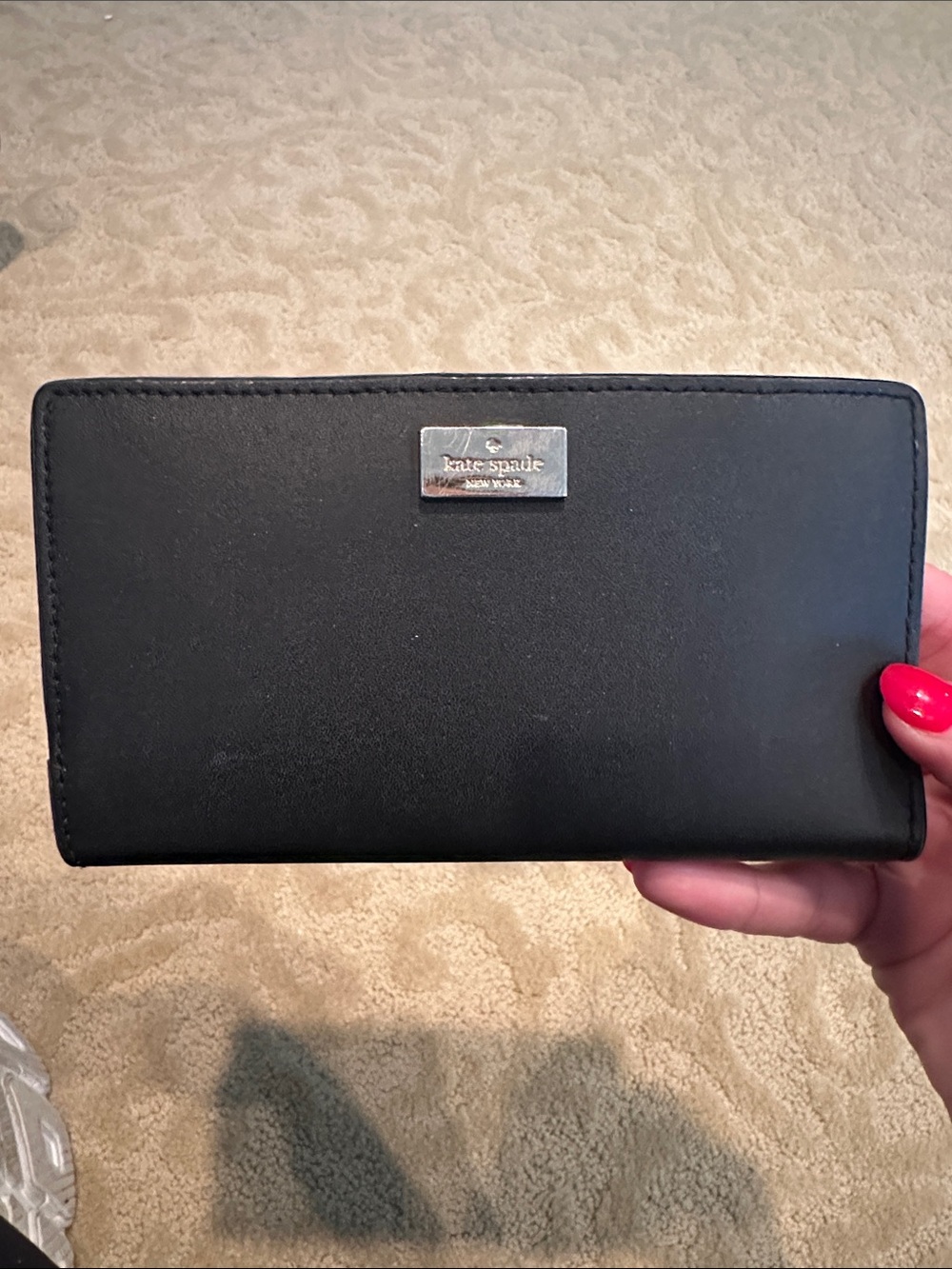 kate spade Black Leather Zip-Around Card Wallet with Logo Plaque